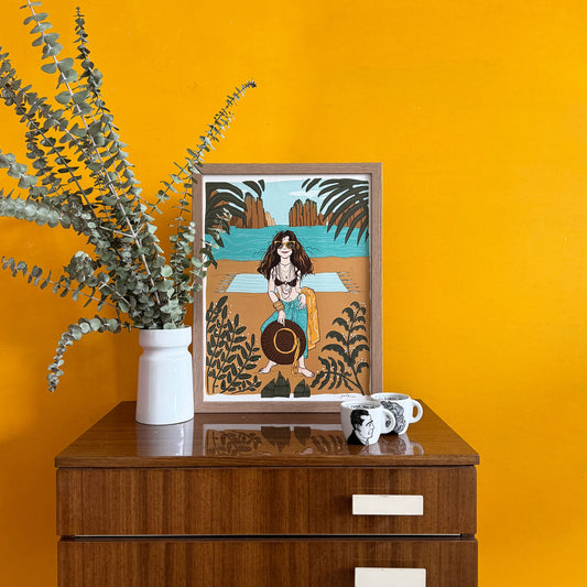 POLONA POLONA -THE BRALESS FLOWER CHILD AT THE BEACH PRINT  30x40cm